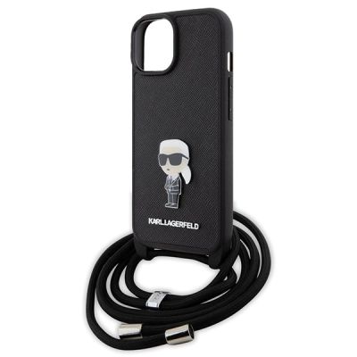 5. Karl Lagerfeld Crossbody Saffiano Monogram Metal Pin Karl & Choupette Case for iPhone 15 - Black