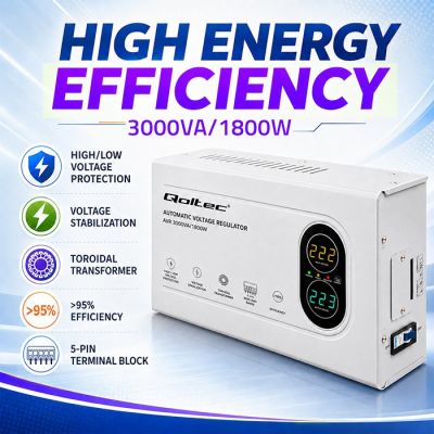 3. Qoltec Automatic Voltage Stabilizer AVR 3000VA | 1800W | Compact | Toroidal Transformer