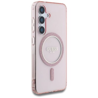 4. Guess Glitter Circle Classic Logo MagSafe Case for Samsung Galaxy S25 Pink