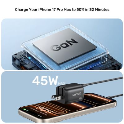 15. UNITEK 2X GAN 45W CHARGING UNIT, 2XUSB-C PD 3.0, QC, BLACK