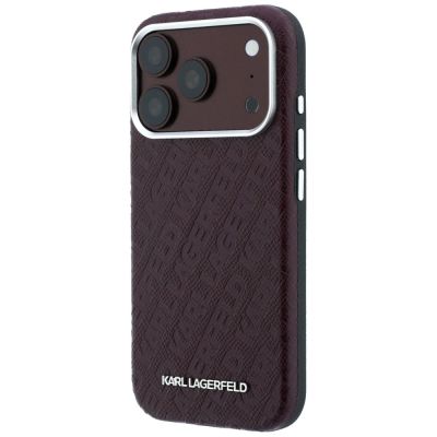 2. Karl Lagerfeld Grained Allover Logo Metal Elongated MagSafe Case for iPhone 17 Pro Max / 18 Pro Max - Burgundy