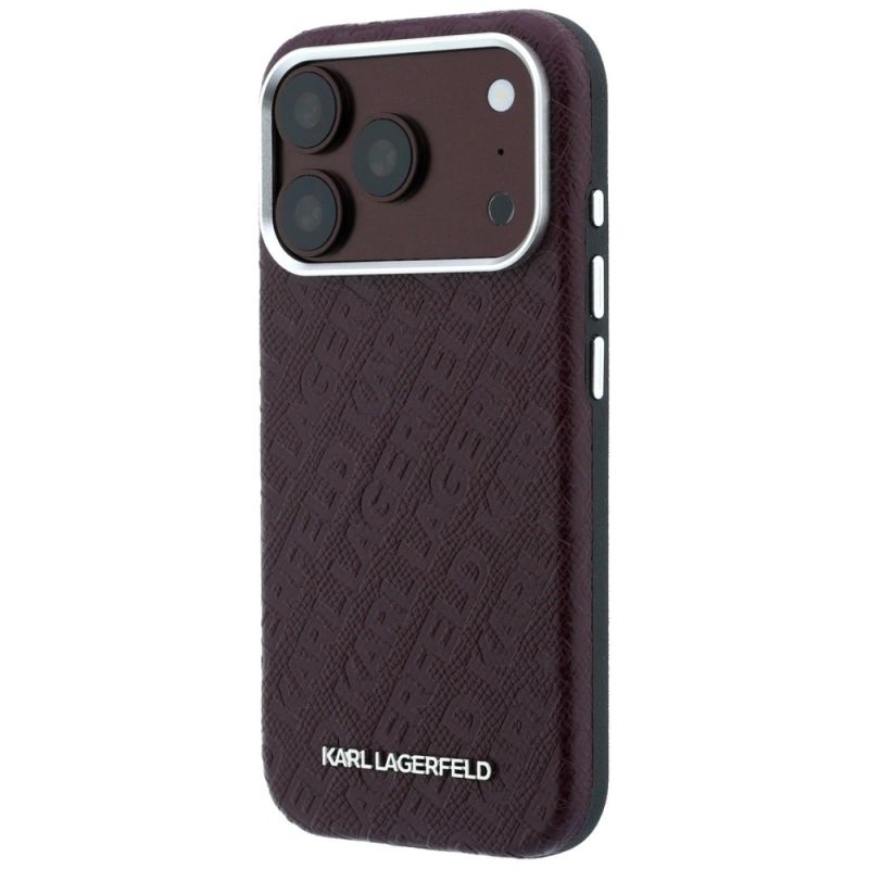 2. Karl Lagerfeld Grained Allover Logo Metal Elongated MagSafe Case for iPhone 17 Pro Max / 18 Pro Max - Burgundy