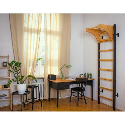 23. GYMNASTIC WOODEN AND METAL WALL BAR WITH 4 HANDLES WITH A WOODEN BAR BENCHK 211B