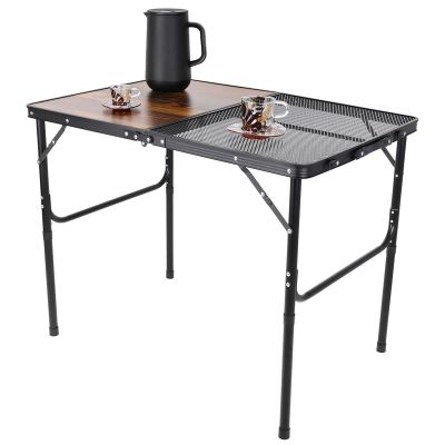 2. FOLDABLE CAMPING TABLE 90X60X36-68CM STEEL MESH WOOD
