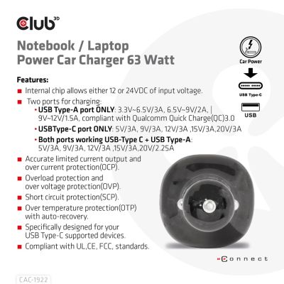 7. CLUB3D CAC-1922 Black Automatic Lighter Charger for Mobile Devices Laptop
