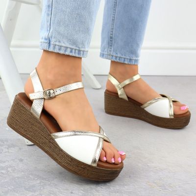 7. Women's wedge sandals in white and gold S.Barski PL51-324