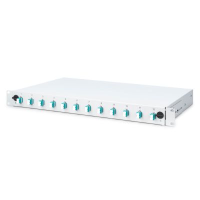 7. FO patch panel with equipment 19'' 1U, 12x LC dx, OM3, pigtails, adapters, trays, sliding, gray