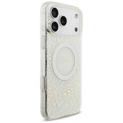 4. Guess IML Flowers Allover Electroplated with Pearl Strap MagSafe Case for iPhone 18 Pro Max / 17 Pro Max - White