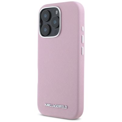 2. Karl Lagerfeld Saffiano Full Wrapped Elongated Metal Logo MagSafe iPhone 16 Pro Case - Pink