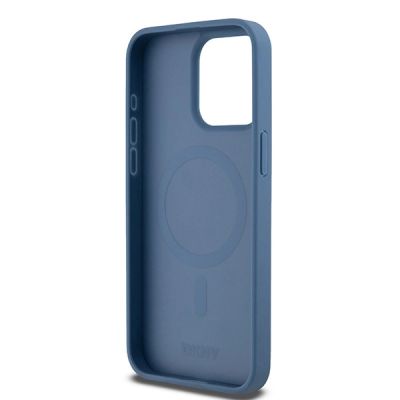 7. DKNY Leather Monogram Pattern Metal Logo MagSafe Case for iPhone 15 Pro Max - Blue