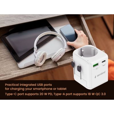 7. GEMBIRD UNIVERSAL GROUNDED TRAVEL ADAPTER 20W, WHITE