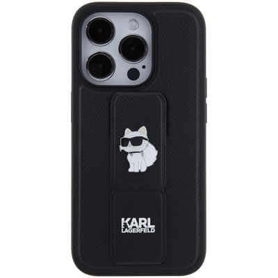 4. Karl Lagerfeld Gripstand Saffiano Choupette Pins case for iPhone 15 Pro - black