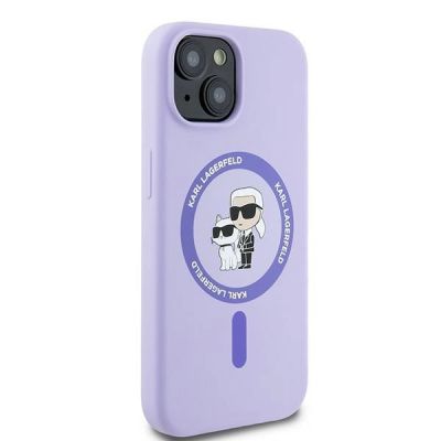 4. Karl Lagerfeld Silicone Karl&Choupette Heads Ring MagSafe iPhone 15 Case - Purple