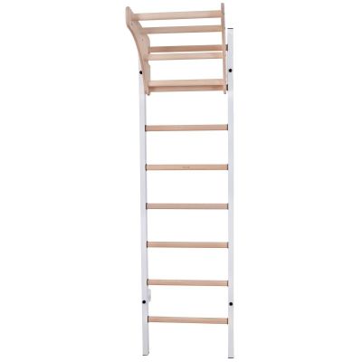 21. GYMNASTIC WOODEN AND METAL WALL BAR WITH 4 HANDLES WITH A WOODEN BAR BENCHK 211W