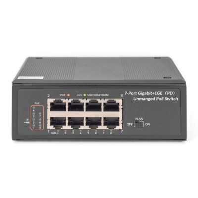 4. Industrial switch 7-port Gigabit PoE+ with 1x PD, IEEE802.3af/at, DIN rail, extended temperature range.