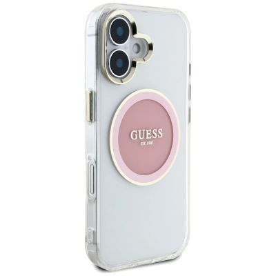 4. Guess IML Metal Colored Circle Classic Logo MagSafe iPhone 16 Case - Pink