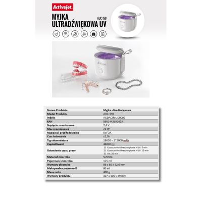 19. Activejet AUC-198 cordless ultrasonic UV cleaner. For dentures, braces, and jewelry, white.