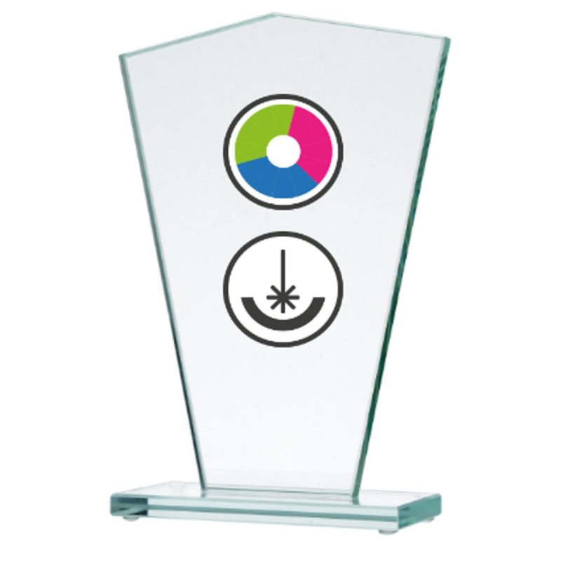 3. Glass trophy with LuxorJet color printing, engraving, and paint filling