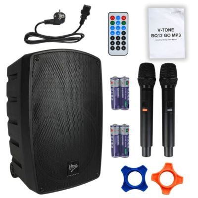 V-TONE BQ12 GO MP3 - Active speaker, rechargeable, black, Bluetooth, TWS, USB, SD, DSP, AUX, infrared remote control, 2x wireless microphones, extendable handle, transport wheels set