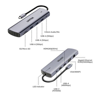 15. UNITEK D1113BGY01 Hubs and Concentrators 2 x USB 3.2 Gen 2 (3.1 Gen 2) Type-C 1000 Mbit/s Gray