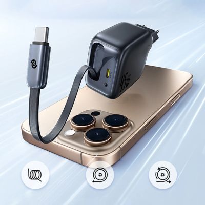 6. Baseus EnerCore CJ11 45W Wall Charger with USB-C Port and Retractable USB-C Cable - Black