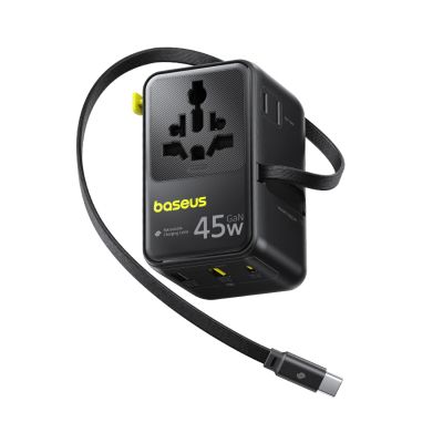 Baseus PicoGo AG11 45W 6-in-1 Travel Adapter with Retractable USB-C Cable - Black