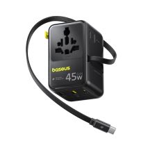 Baseus PicoGo AG11 45W 6-in-1 Travel Adapter with Retractable USB-C Cable - Black