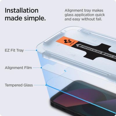 8. Spigen Glas.tR EZ Fit Tempered Glass for iPhone 13 / 13 Pro / 14 / 16e / 17e - 2 pcs.