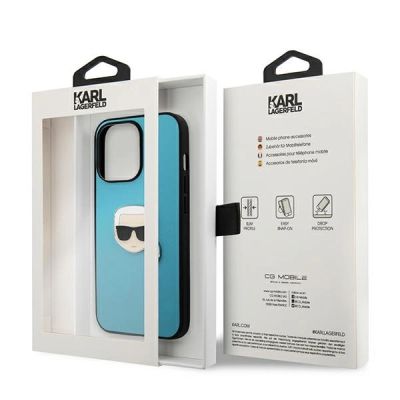 8. Karl Lagerfeld KLHCP13XPKMB iPhone 13 Pro Max 6,7" niebieski/blue hardcase Leather Ikonik Karl`s Head Metal