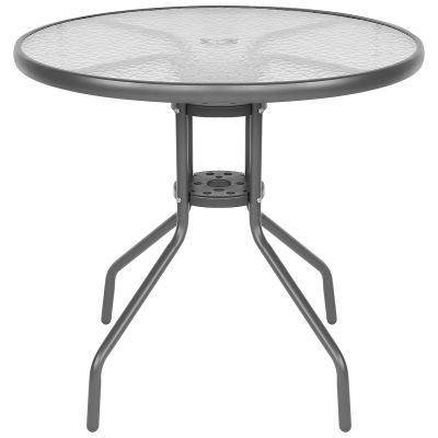 33. GARDEN FURNITURE SET ROUND TABLE 4 CHAIRS AND UMBRELLA DARK GREY