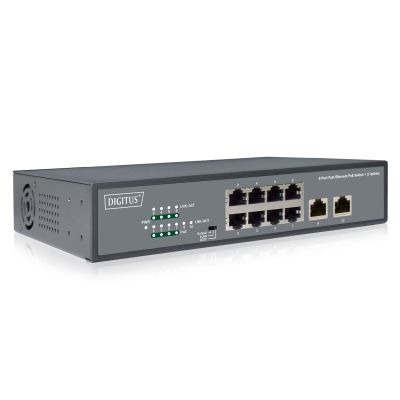 15. Unmanaged network switch 19" 8x RJ45 10/100 Mb/s, 2x FastEthernet uplink, PoE+ 120W budget