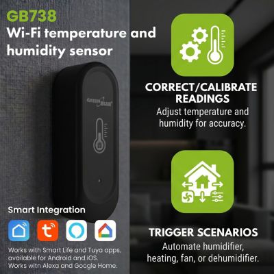 GREENBLUE OUTDOOR WIFI TEMPERATURE AND HUMIDITY SENSOR, ANDROID/IOS, 3.0V DC, LR03X2, IP65 GB741
