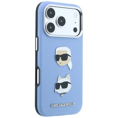 4. Karl Lagerfeld Saffiano with Karl & Choupette Heads Pins & Logo case for iPhone 18 Pro / 17 Pro - light blue