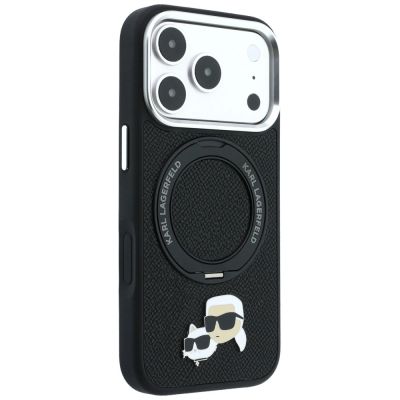 4. Karl Lagerfeld with Ring Stand 360 Karl & Choupette Heads Pin MagSafe Case for iPhone 18 Pro Max / 17 Pro Max - Black