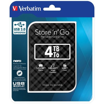 4. Verbatim Store 'n' Go USB 3.0 Portable Hard Drive 4TB - Black