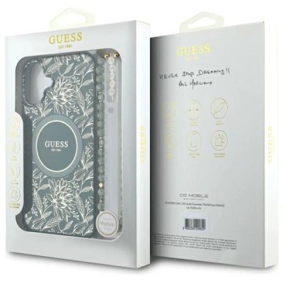 7. Guess IML Flowers Allover Electro With Pearl Strap MagSafe case for iPhone 16 - green