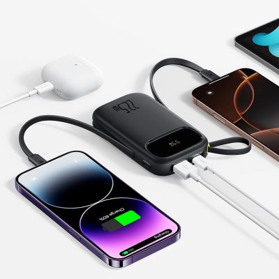 3. Baseus EnerFill FC31 10000mAh 22.5W Powerbank with Digital Display and 2 Built-in Cables (USB-C + Lightning) - Black