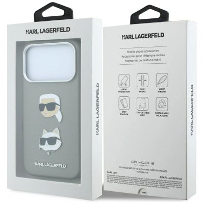8. Karl Lagerfeld Saffiano Case with Karl & Choupette Heads Pins & Logo for iPhone 18 Pro / 17 Pro - Gray