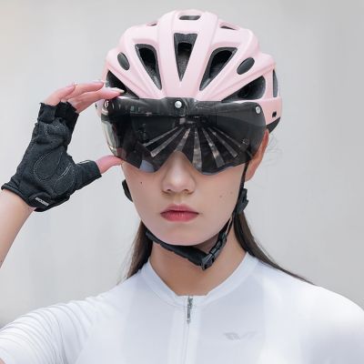 14. Rockbros Bike Helmet with Visor, Detachable UV Goggles, Detachable Visor, Unisex - Pink