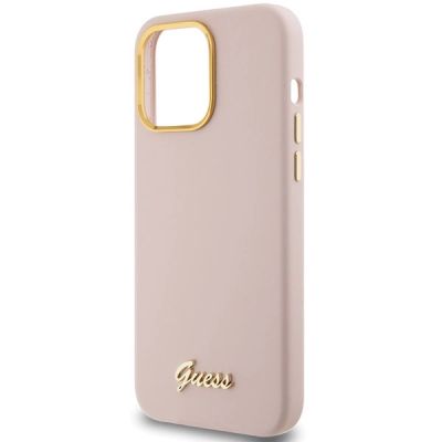6. Guess Silicone Script Metal Logo & Frame case for iPhone 15 Pro - pink