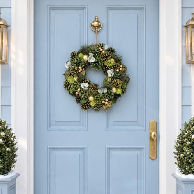 6. Decorative Wreath 34 cm, Green, with Pine Cones and Baubles – Mica Decorations
