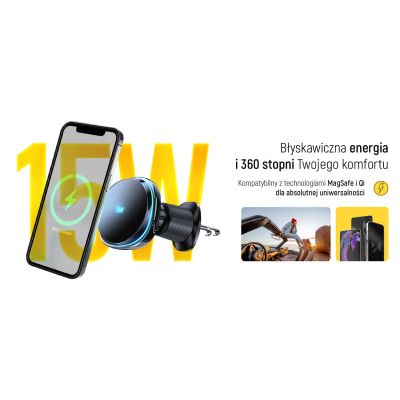 13. Wozinsky WCT5-Q6S2Y Car Holder with Qi/MagSafe 15W Inductive Charger for Ventilation Grill with Fan - Black