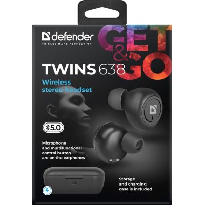 10. DEFENDER WIRELESS HEADPHONES WITH MICROPHONE "TWS" TWINS 638 BLACK 63638