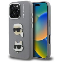 Karl Lagerfeld FW Grained Karl & Choupette Heads Pins Case for iPhone 16 Pro - Gray