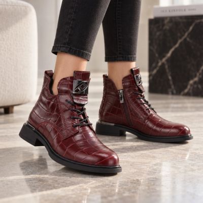 7. Red Crocodile-Effect Leather Ankle Boots for Women Vinceza 86453