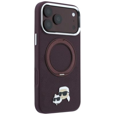4. Karl Lagerfeld with Ring Stand 360 Karl & Choupette Heads Pin MagSafe case for iPhone 18 Pro / 17 Pro - burgundy