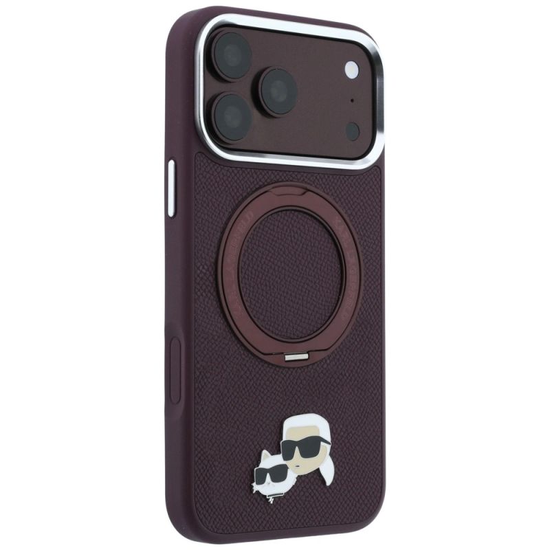 4. Karl Lagerfeld with Ring Stand 360 Karl & Choupette Heads Pin MagSafe case for iPhone 18 Pro / 17 Pro - burgundy