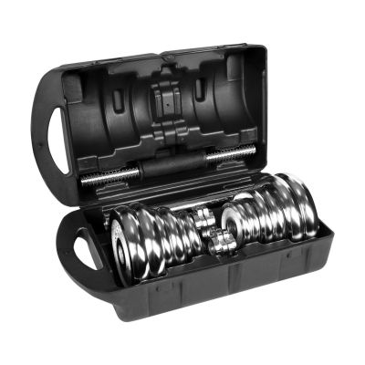5. REBEL ACTIVE ADJUSTABLE CHROME DUMBBELLS IN CASE WITH BAR, 20 KG SET