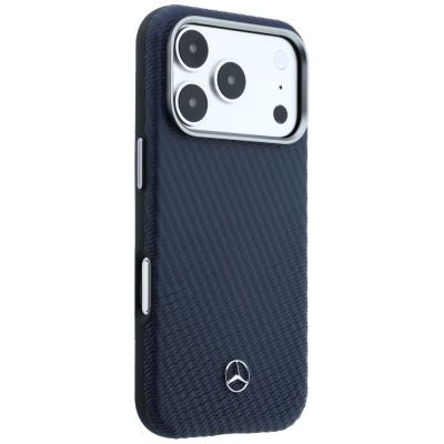 4. Mercedes Leather Semi Wrap Wood Effect MagSafe Case for iPhone 17 Pro Max - Navy Blue