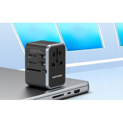 12. Vention 65W GaN Universal Travel Adapter with Charger 2x USB-A 2x USB-C Black